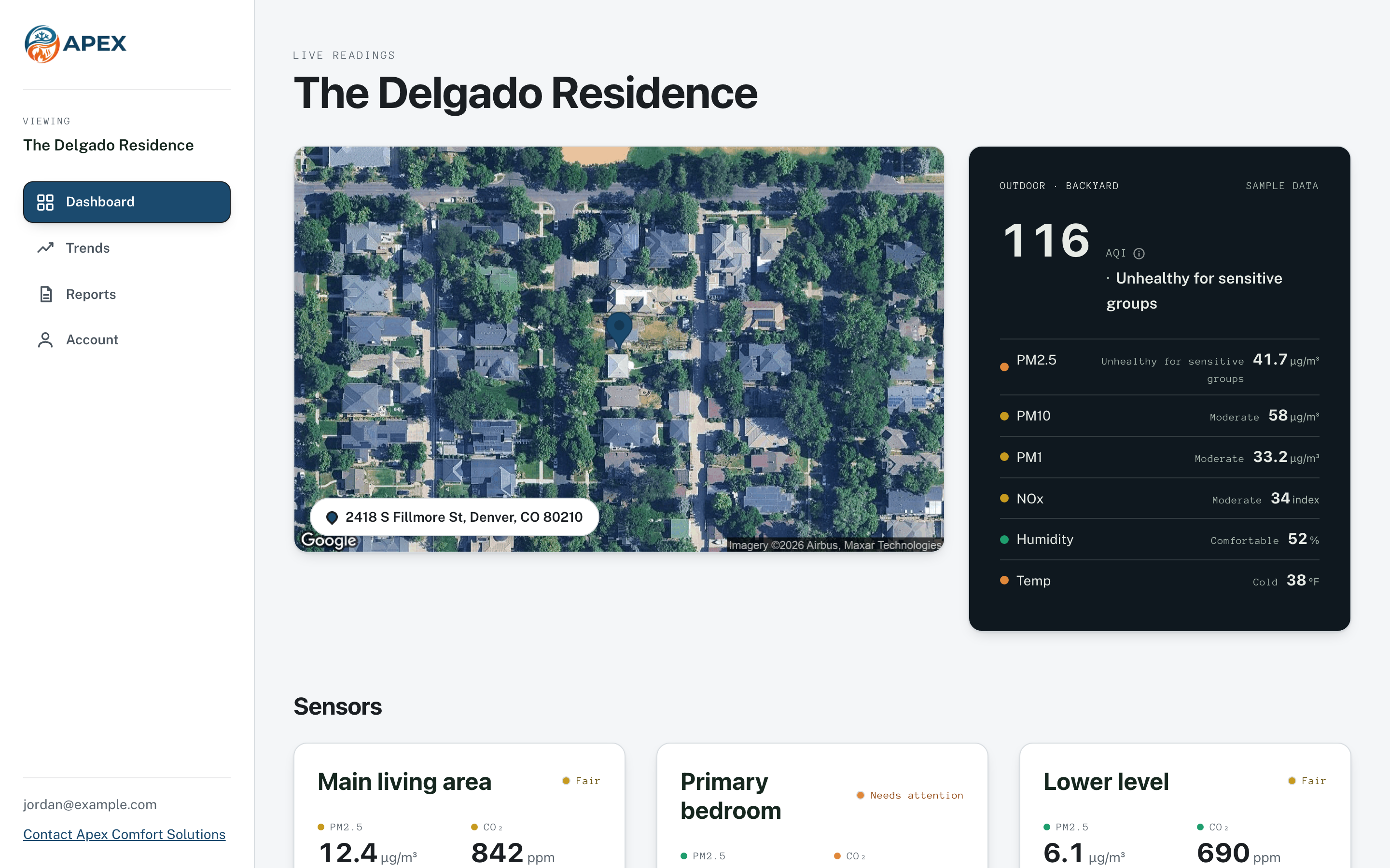 The homeowner dashboard under a partner brand, showing a satellite view of the home, outdoor air quality, and live readings for each room.